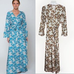 Hannah Artwear Luna Silk Wrap Maxi Dress Floral Bell Sleeves Sz S